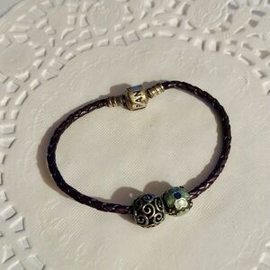 Pandora Dark Purple Leather Bracelet with Silver and Gold Charms